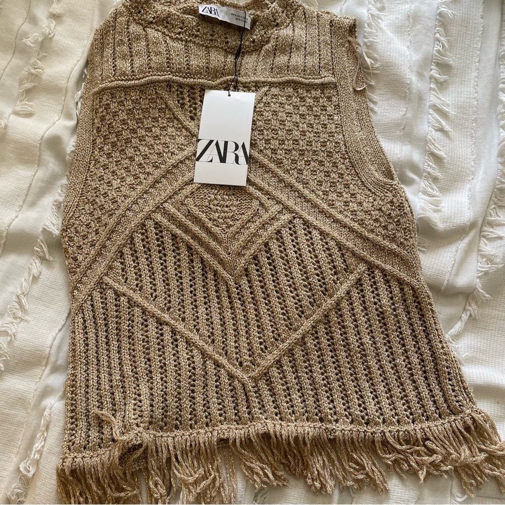 NWT Zara METALLIC THREAD FRINGED KNIT TOP in Golden Size Small - Picture 7 of 7
